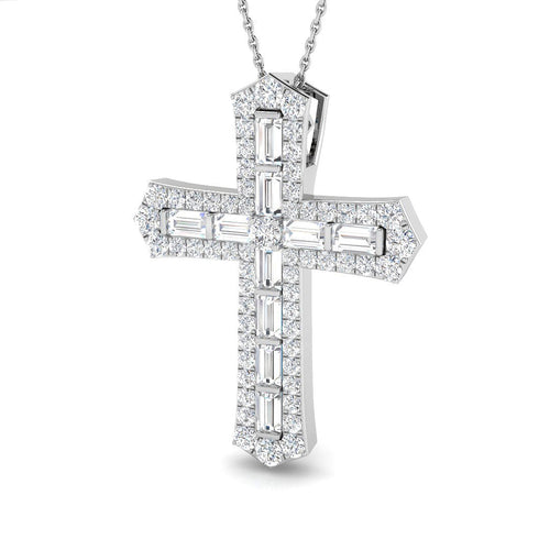 2Ct Baguette & Round Diamond Cross Pendant in Gold or in 10K/14K gold and platinum with certified lab-grown or natural diamonds