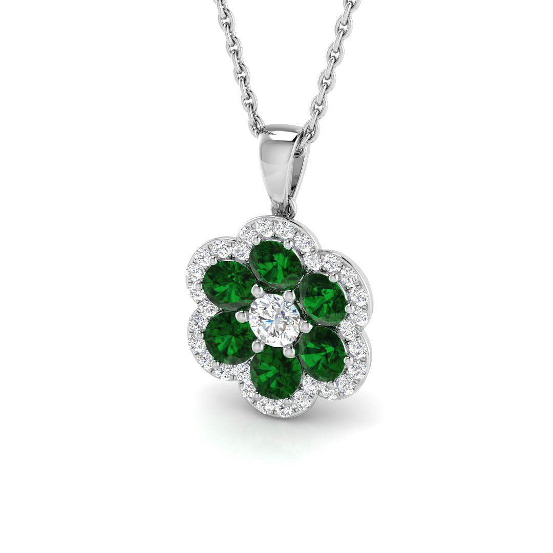 Emerald Pendant Necklace with Diamond Flower Halo Design - Prong Set in 10K/14K gold and platinum with certified lab-grown or natural diamonds