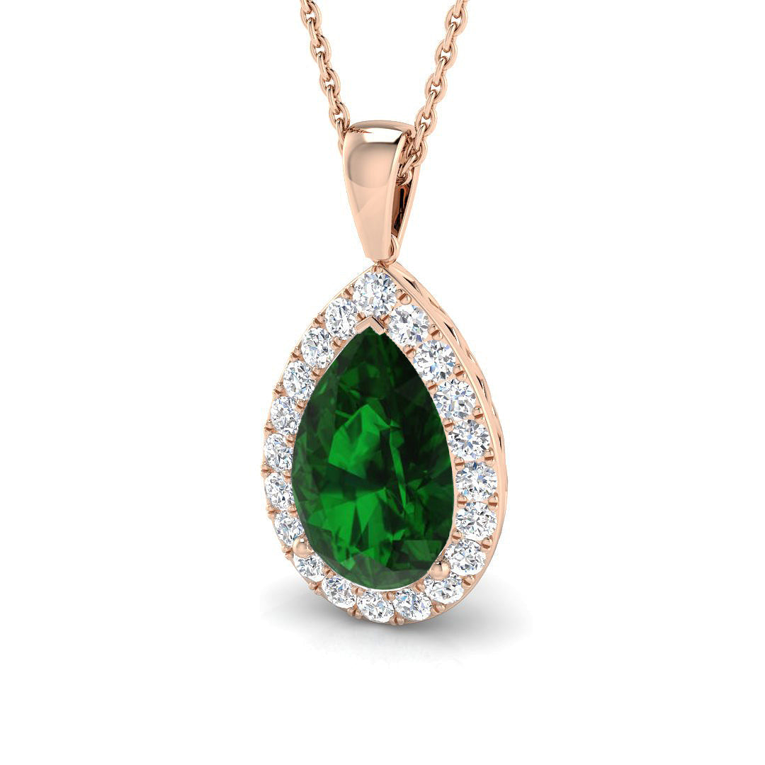 Pear Cut Emerald & Diamond Halo Pendant Without Chain in 10K/14K gold and platinum with certified lab-grown or natural diamonds