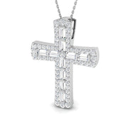 2Ct Baguette Diamond Cross Pendant with Round Diamond Halo in 10K/14K gold and platinum with certified lab-grown or natural diamonds