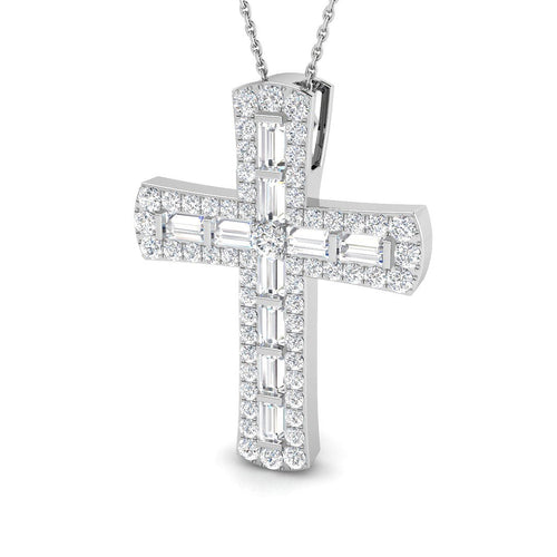 2Ct Baguette Diamond Cross Pendant with Round Diamond Halo in 10K/14K gold and platinum with certified lab-grown or natural diamonds