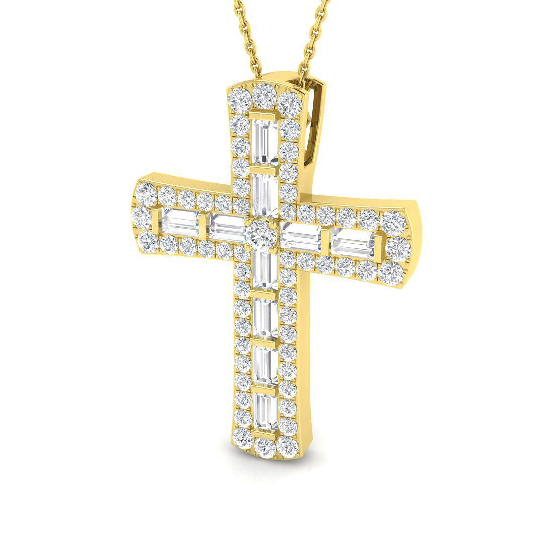 2Ct Baguette Diamond Cross Pendant with Round Diamond Halo in 10K/14K gold and platinum with certified lab-grown or natural diamonds