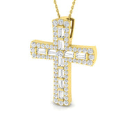 2Ct Baguette Diamond Cross Pendant with Round Diamond Halo in 10K/14K gold and platinum with certified lab-grown or natural diamonds