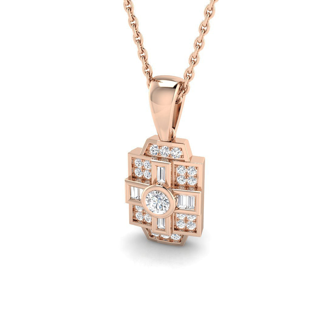 Art Deco Diamond Cluster Pendant Necklace with Round & Baguette Diamonds in 10K/14K gold and platinum with certified lab-grown or natural diamonds