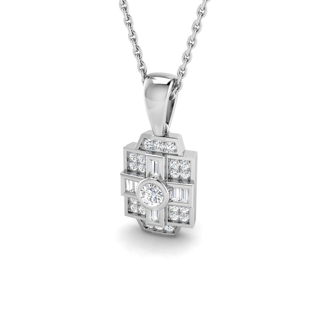 Art Deco Diamond Cluster Pendant Necklace with Round & Baguette Diamonds in 10K/14K gold and platinum with certified lab-grown or natural diamonds