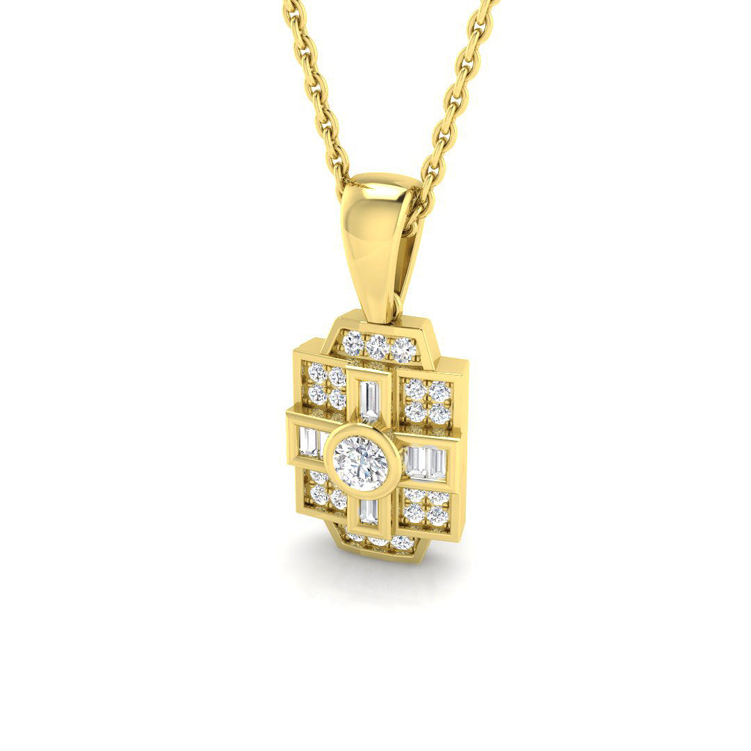 Art Deco Diamond Cluster Pendant Necklace with Round & Baguette Diamonds in 10K/14K gold and platinum with certified lab-grown or natural diamonds