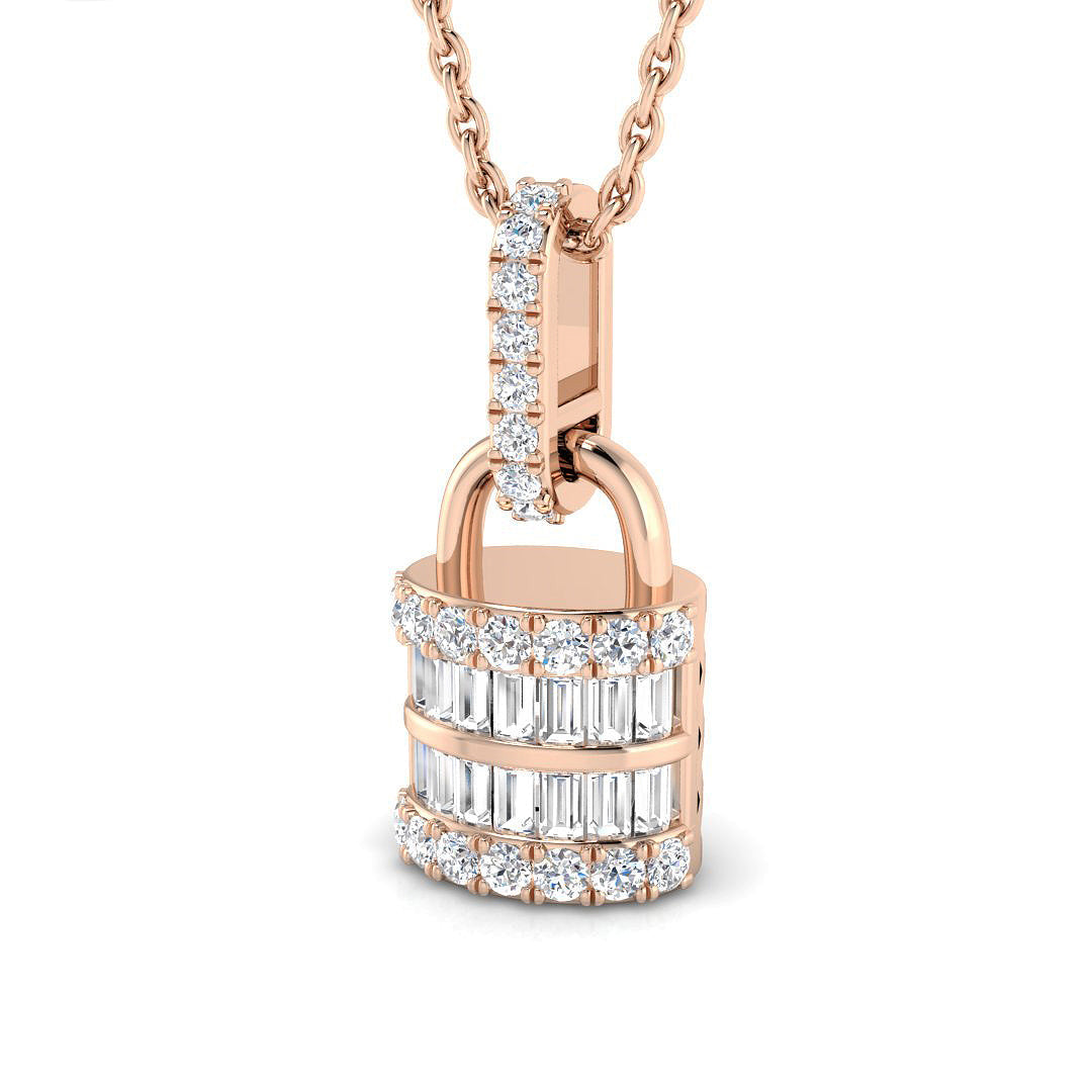 Baguette Diamond Lock Pendant 0.3ct to 0.75ct Gold (Without Chain ) in 10K/14K gold and platinum with certified lab-grown or natural diamonds