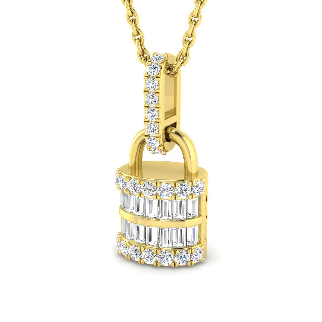 Baguette Diamond Lock Pendant 0.3ct to 0.75ct Gold (Without Chain ) in 10K/14K gold and platinum with certified lab-grown or natural diamonds