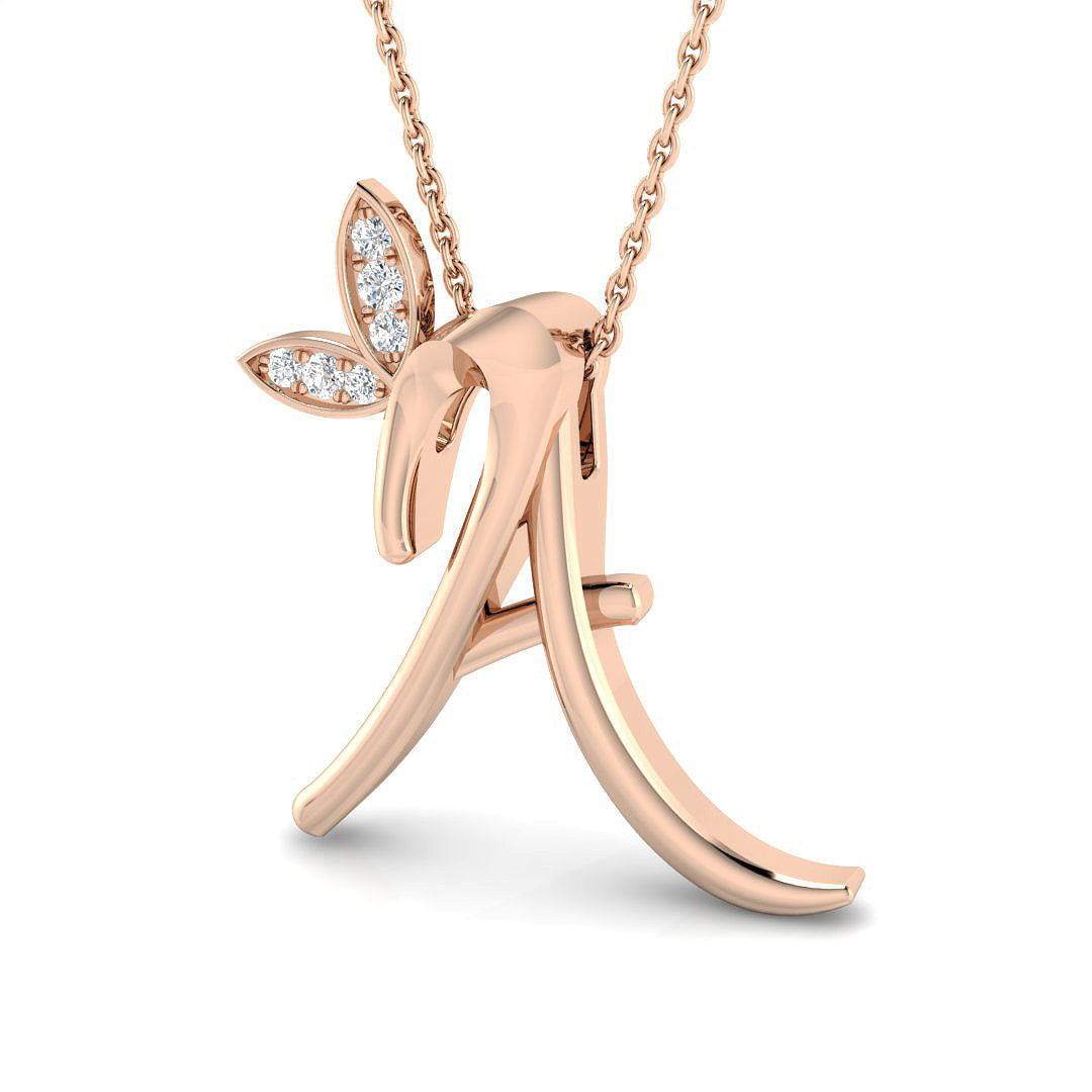 Gold Butterfly Pendant with Diamond Initial A in 10K/14K gold and platinum with certified lab-grown or natural diamonds