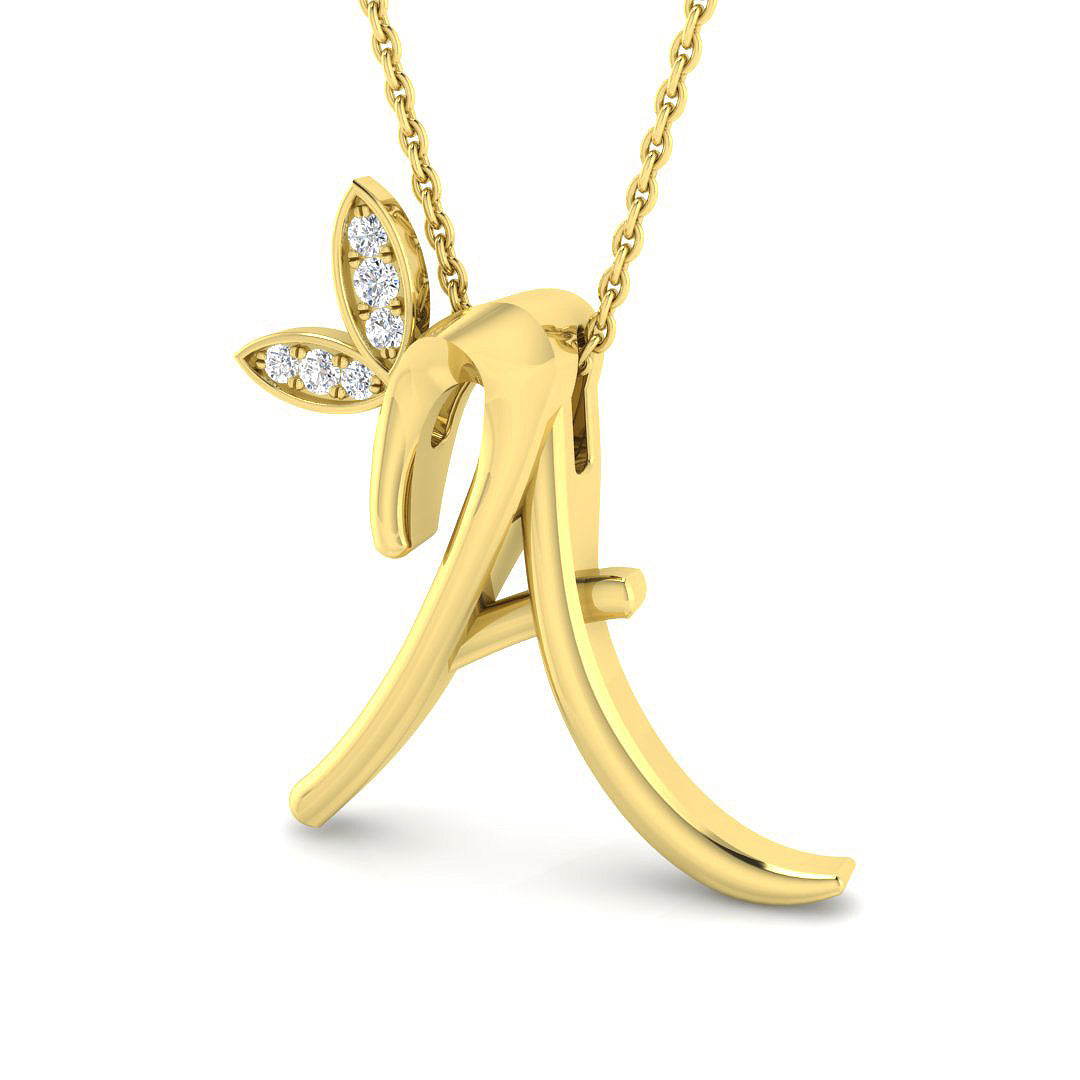 Gold Butterfly Pendant with Diamond Initial A in 10K/14K gold and platinum with certified lab-grown or natural diamonds
