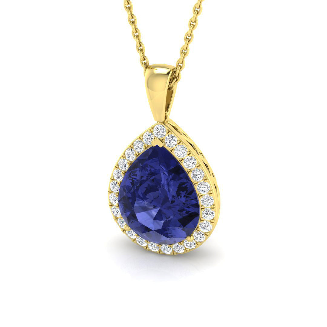 Pear Cut Tanzanite Halo Pendant in 10K/14K gold and platinum with certified lab-grown or natural diamonds