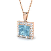 Princess Cut Aquamarine Halo Pendant in 10K/14K gold and platinum with certified lab-grown or natural diamonds