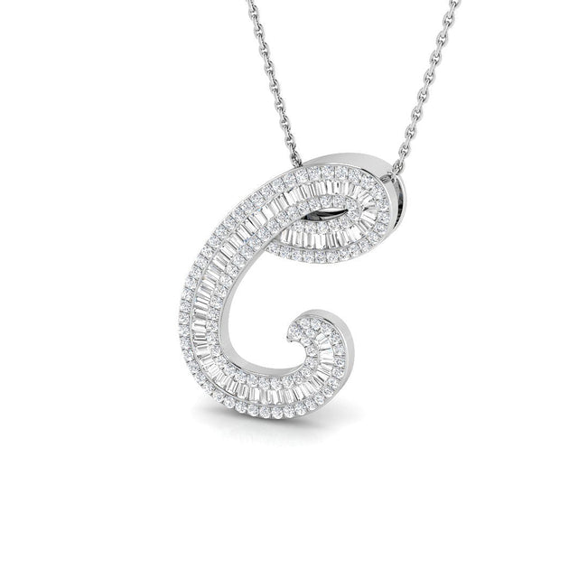 Initial Diamond Pendant Necklace with Baguette and Round Diamonds | 10K & 14K Gold, Platinum
