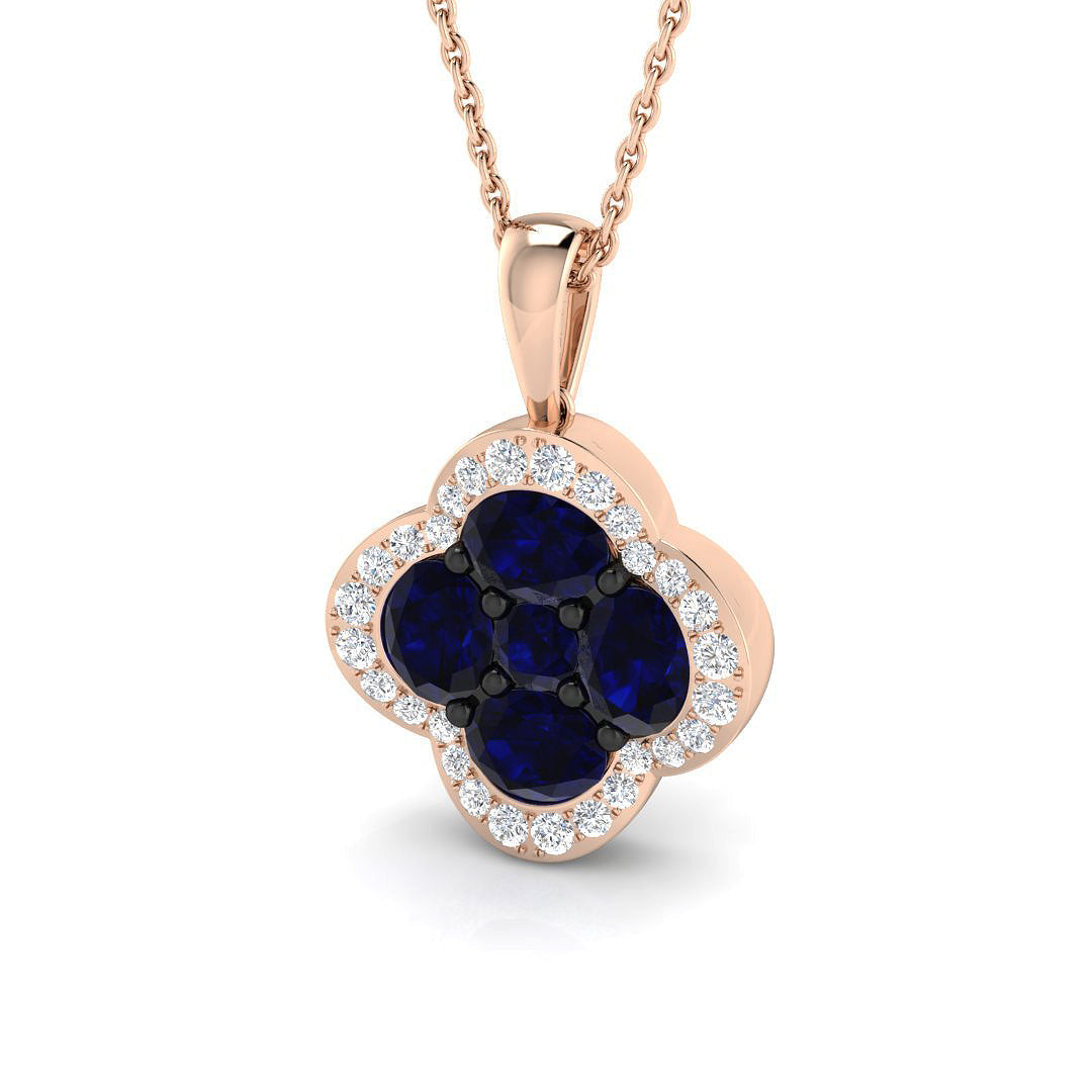 Blue Sapphire Diamond Clover Pendant 1.5 in 10K/14K gold and platinum with certified lab-grown or natural diamonds