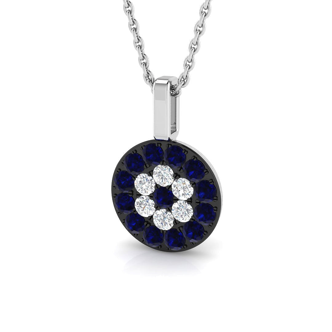 Blue Sapphire Pendant Necklace with Diamond Cluster Halo - UK Made in 10K/14K gold and platinum with certified lab-grown or natural diamonds