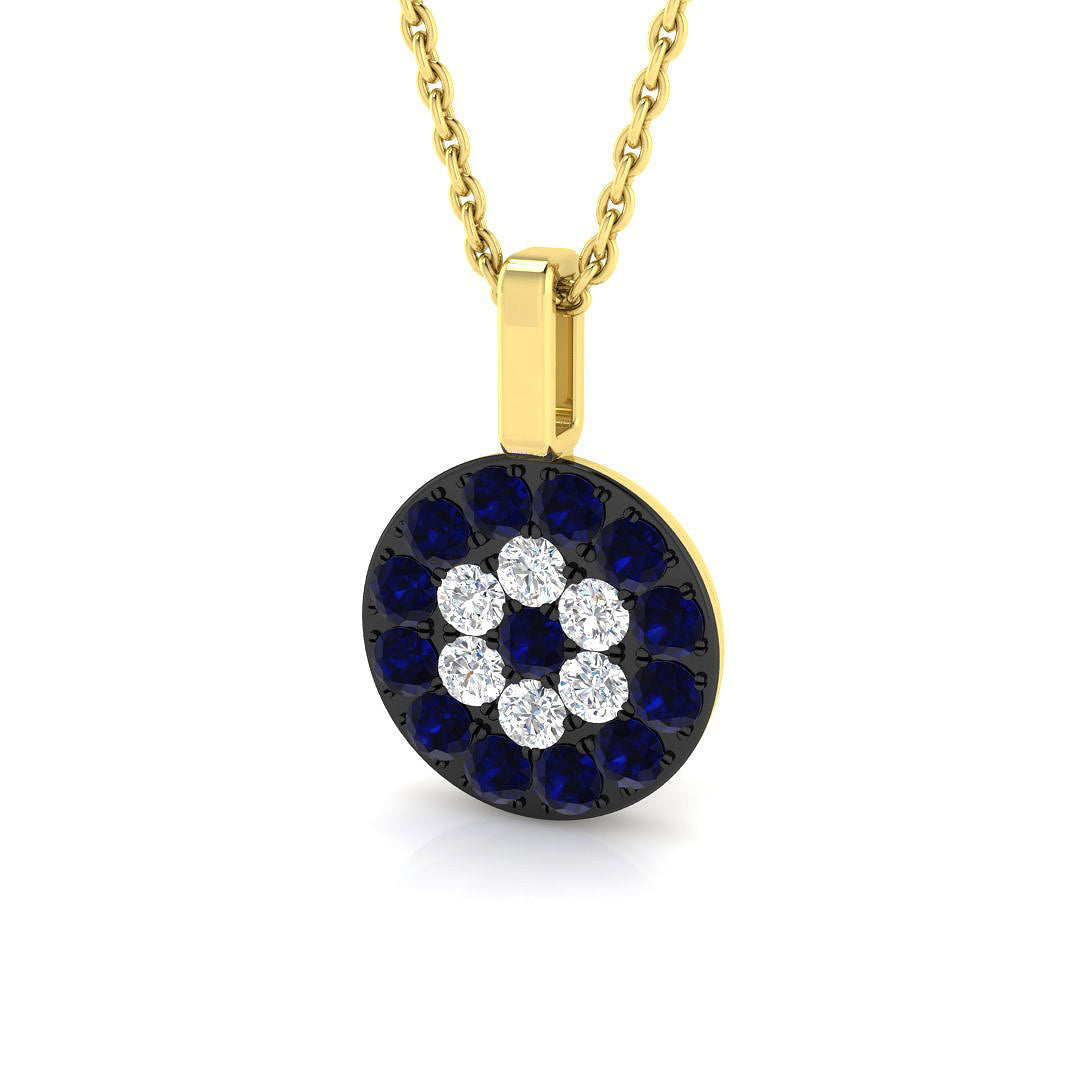 Blue Sapphire Pendant Necklace with Diamond Cluster Halo - UK Made in 10K/14K gold and platinum with certified lab-grown or natural diamonds