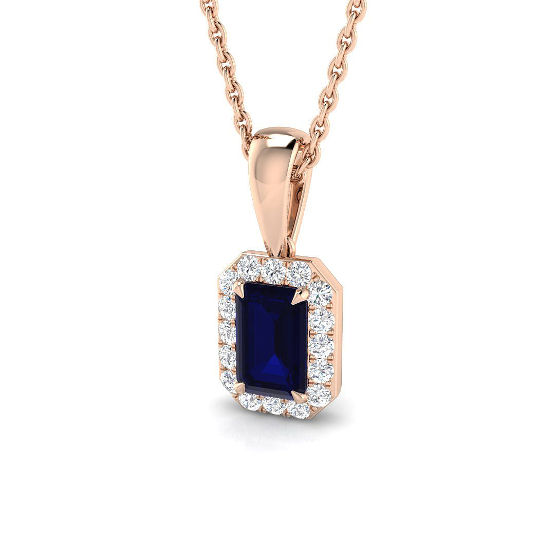 Emerald Cut Blue Sapphire Pendant Necklace with Diamond Halo in 10K/14K gold and platinum with certified lab-grown or natural diamonds