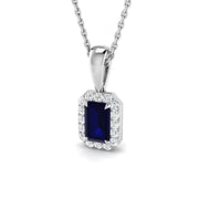 Emerald Cut Blue Sapphire Pendant Necklace with Diamond Halo in 10K/14K gold and platinum with certified lab-grown or natural diamonds