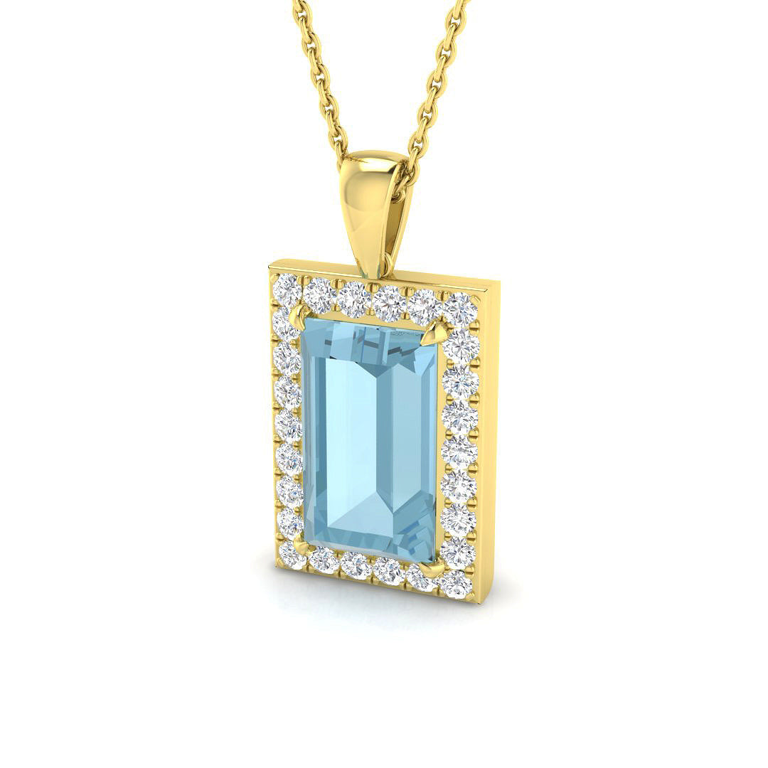 Emerald Cut Aquamarine Halo Pendant in 10K/14K gold and platinum with certified lab-grown or natural diamonds