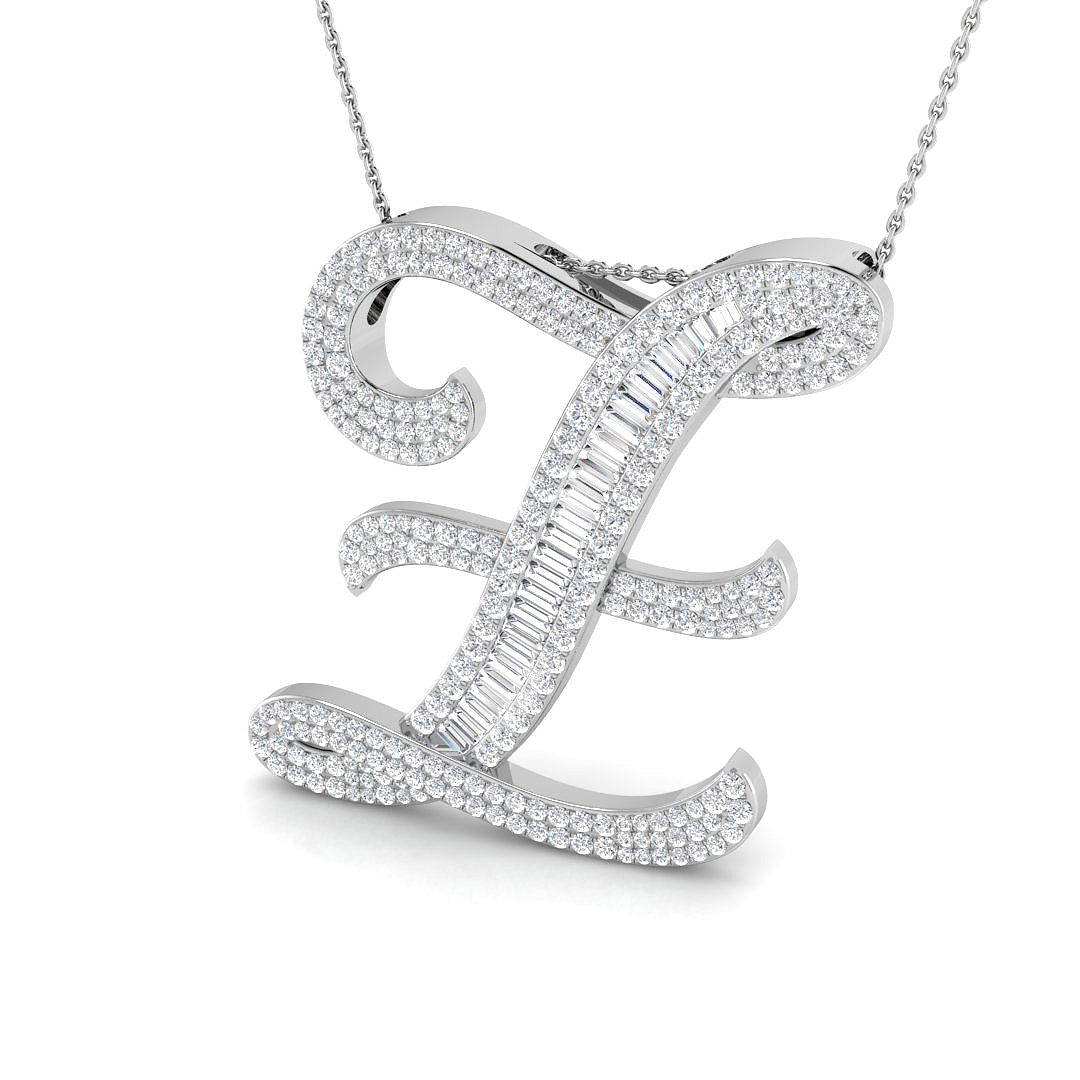 Diamond Initial Pendant with Baguette and Round Diamonds in 10K/14K gold and platinum with certified lab-grown or natural diamonds
