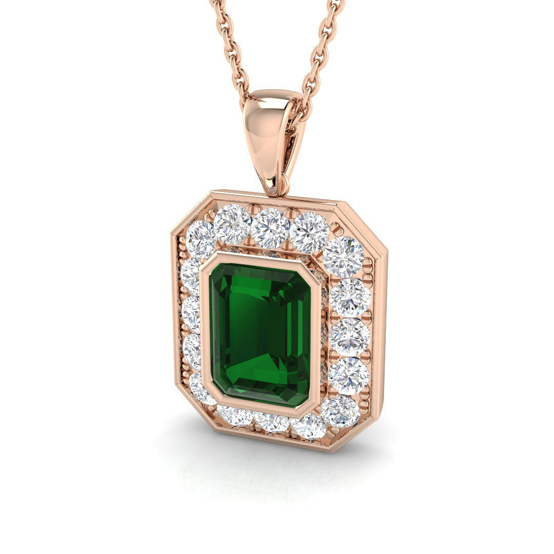 Vintage Emerald Cut Emerald Halo Pendant in 10K/14K gold and platinum with certified lab-grown or natural diamonds