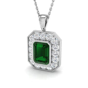 Vintage Emerald Cut Emerald Halo Pendant in 10K/14K gold and platinum with certified lab-grown or natural diamonds