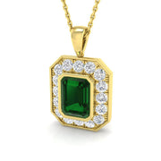 Vintage Emerald Cut Emerald Halo Pendant in 10K/14K gold and platinum with certified lab-grown or natural diamonds