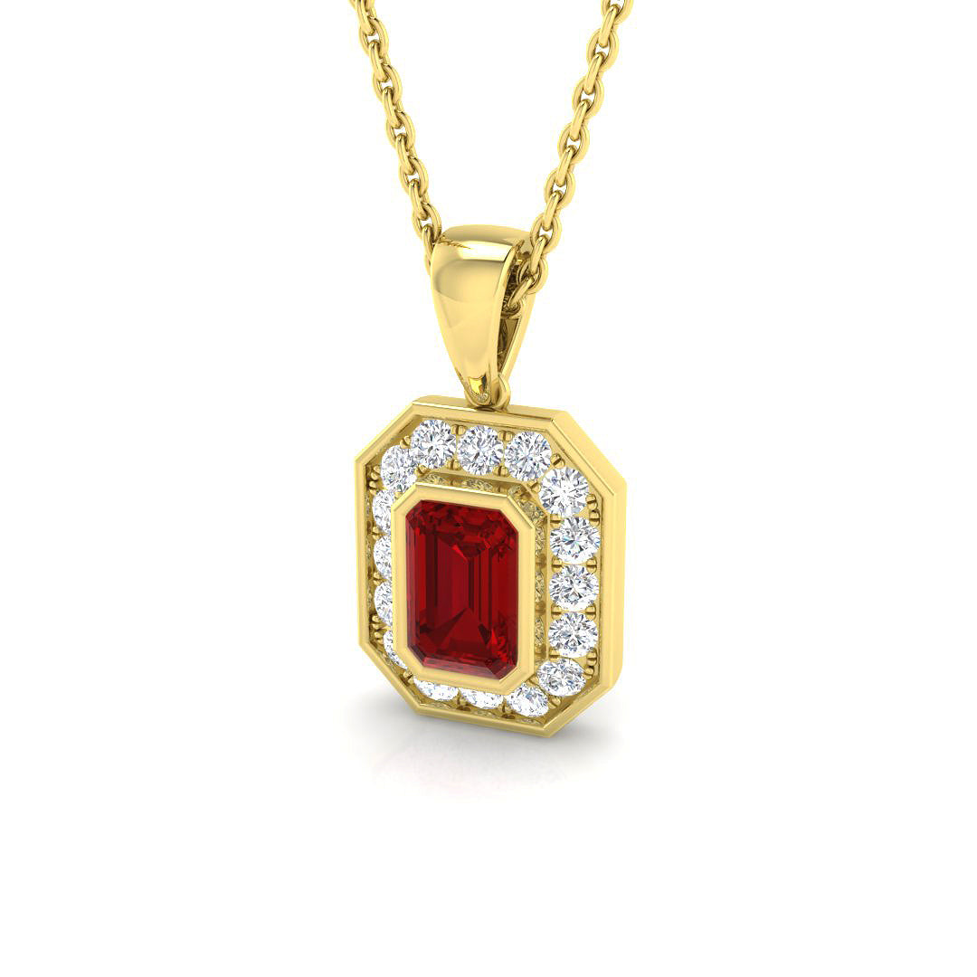 Emerald Cut Ruby Diamond Halo Pendant in Gold Without Chain in 10K/14K gold and platinum with certified lab-grown or natural diamonds