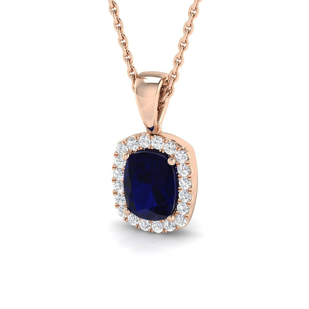 Blue Sapphire Diamond Halo Pendant in 10K/14K gold and platinum with certified lab-grown or natural diamonds