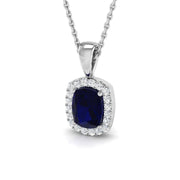 Blue Sapphire Diamond Halo Pendant in 10K/14K gold and platinum with certified lab-grown or natural diamonds