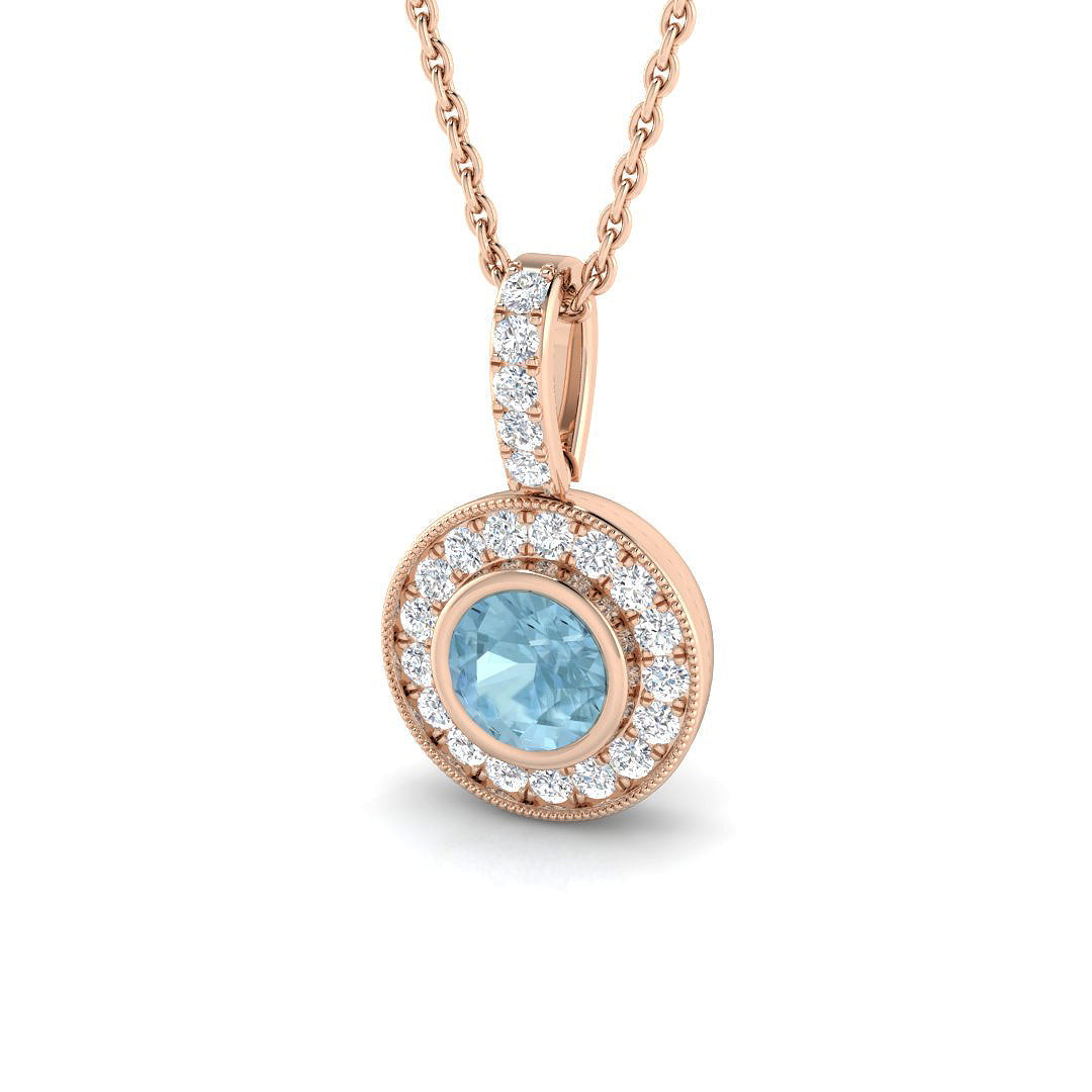 Aquamarine Milgrain Halo Pendant in 10K/14K gold and platinum with certified lab-grown or natural diamonds