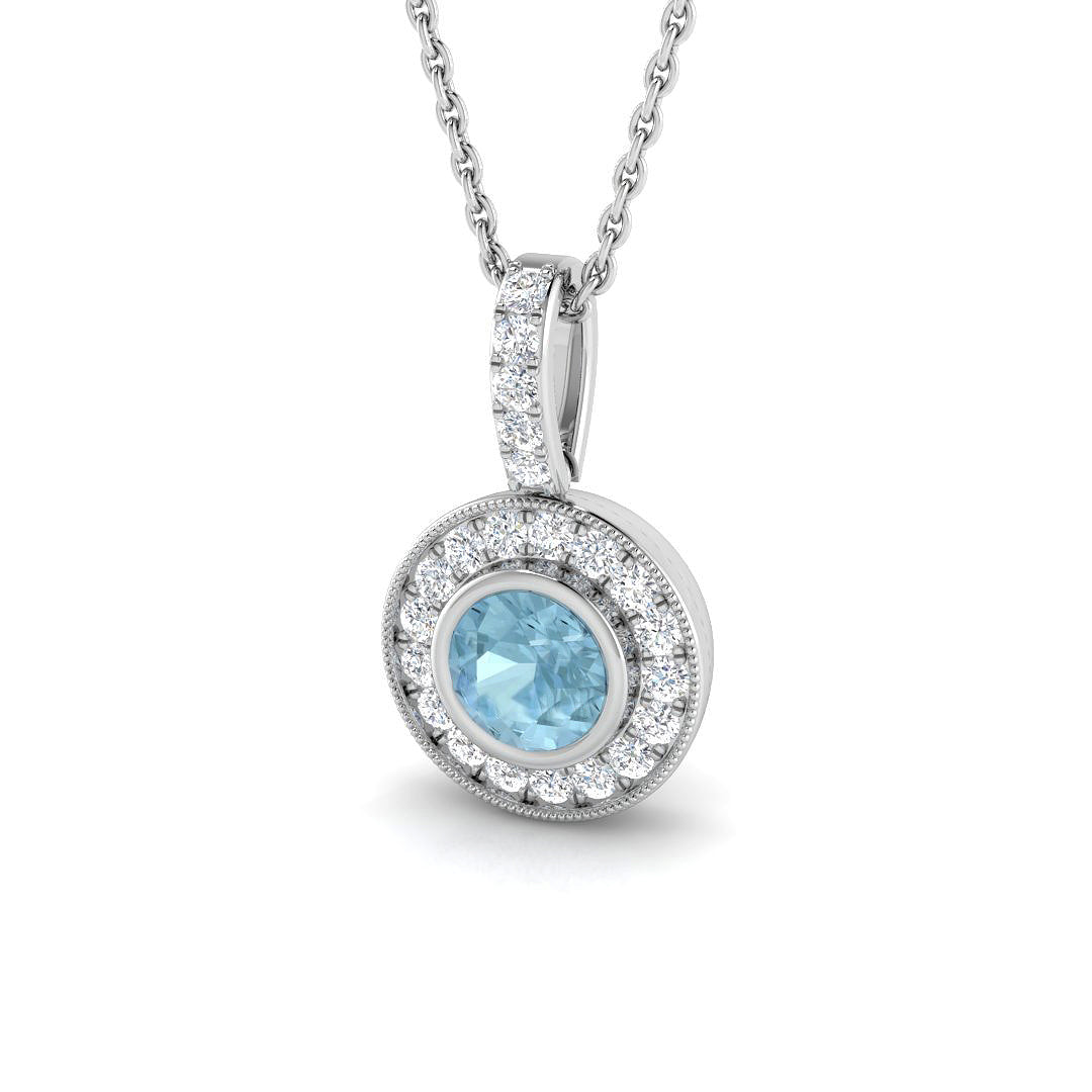 Aquamarine Milgrain Halo Pendant in 10K/14K gold and platinum with certified lab-grown or natural diamonds