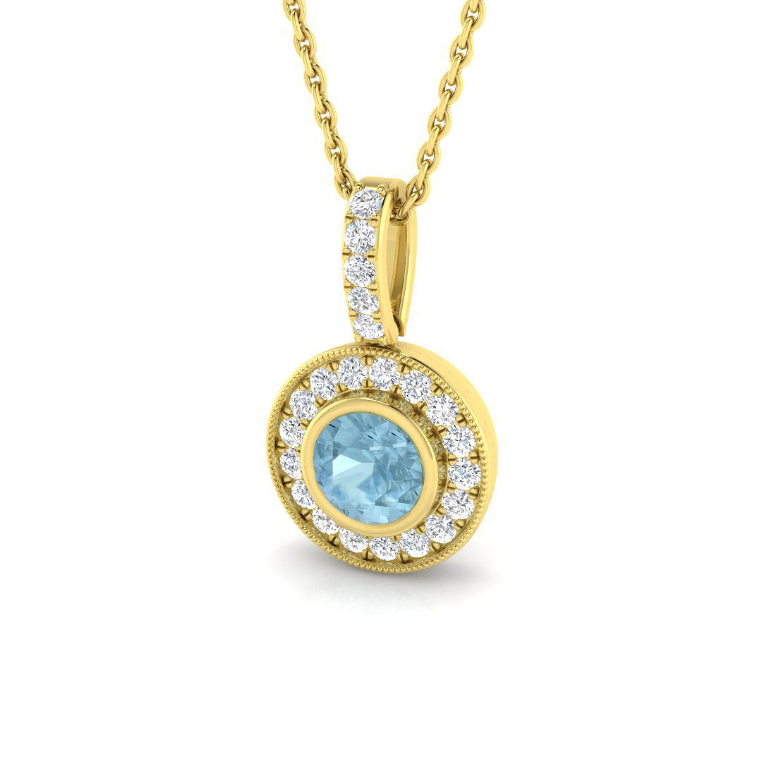 Aquamarine Milgrain Halo Pendant in 10K/14K gold and platinum with certified lab-grown or natural diamonds