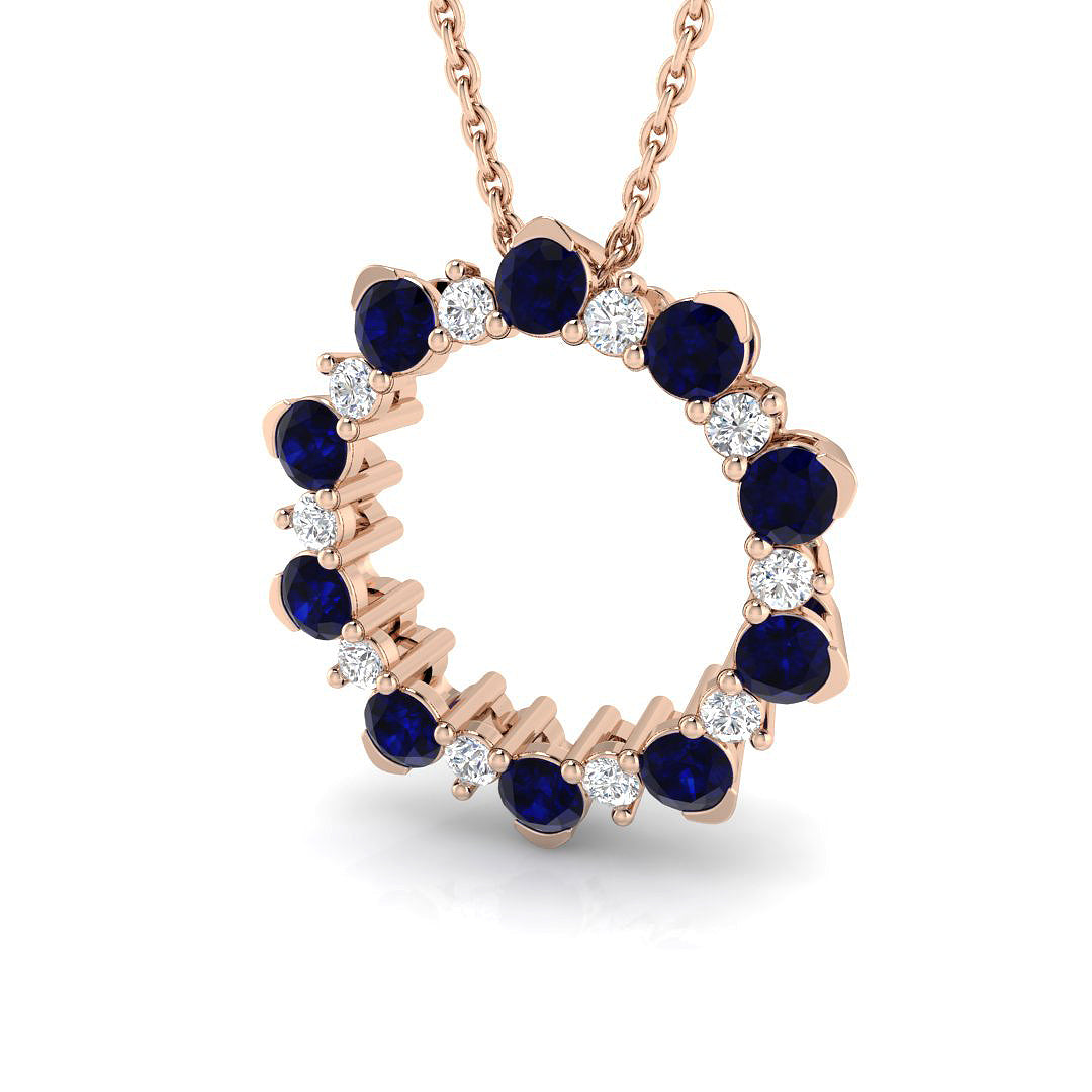 Blue Sapphire & Diamond Circle Pendant Necklace in 10K/14K gold and platinum with certified lab-grown or natural diamonds