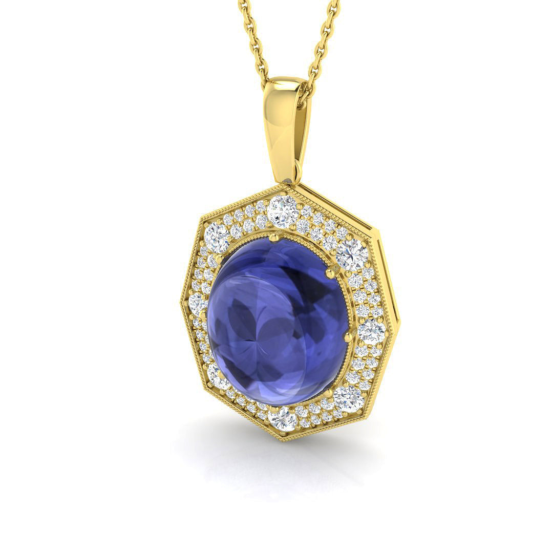 Oval Cabochon Tanzanite Halo Pendant in 10K/14K gold and platinum with certified lab-grown or natural diamonds