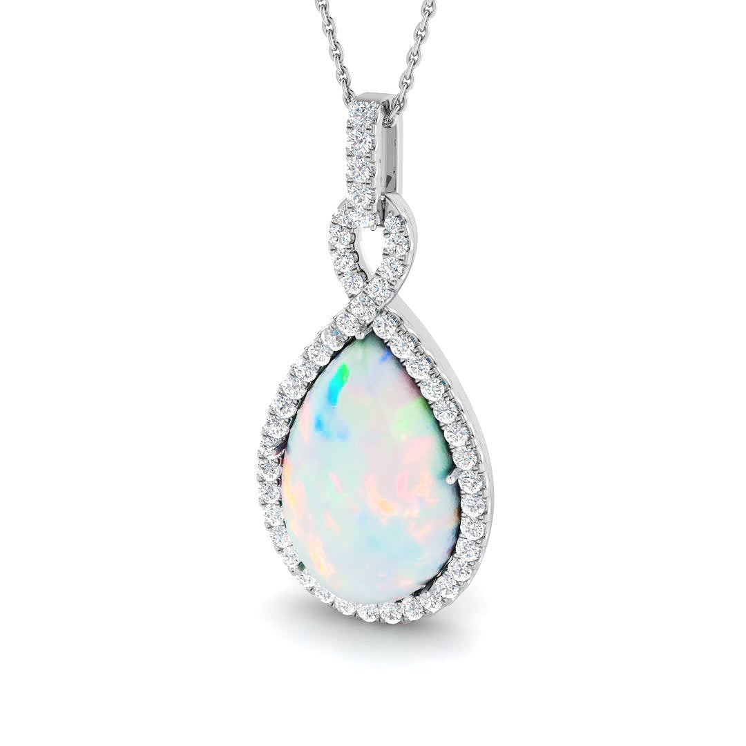 Pear Cut Opal Halo Pendant Diamond Accent in 10K/14K gold and platinum with certified lab-grown or natural diamonds