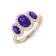 Amethyst Ring Oval Cut Three Stone Halo Trilogy Ring in 10K/14K gold and platinum with certified lab-grown or natural diamonds