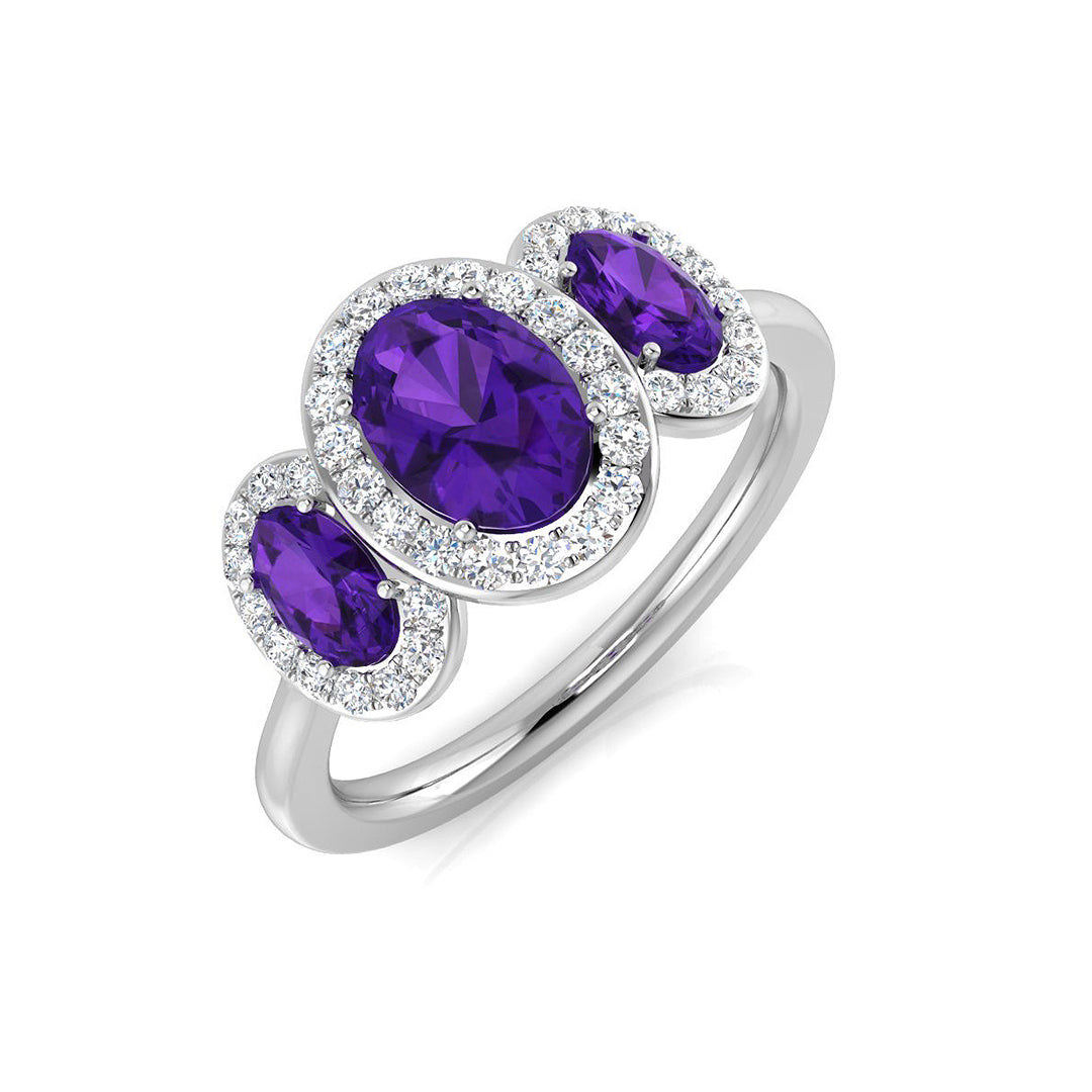 Amethyst Ring Oval Cut Three Stone Halo Trilogy Ring in 10K/14K gold and platinum with certified lab-grown or natural diamonds