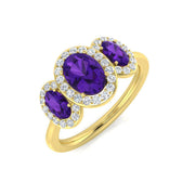 Amethyst Ring Oval Cut Three Stone Halo Trilogy Ring in 10K/14K gold and platinum with certified lab-grown or natural diamonds
