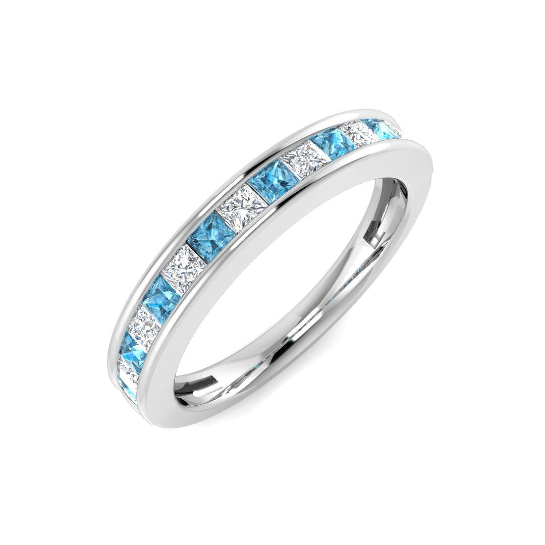 Square Cut Sky Blue Topaz Half Eternity Ring in 10K/14K gold and platinum with certified lab-grown or natural diamonds