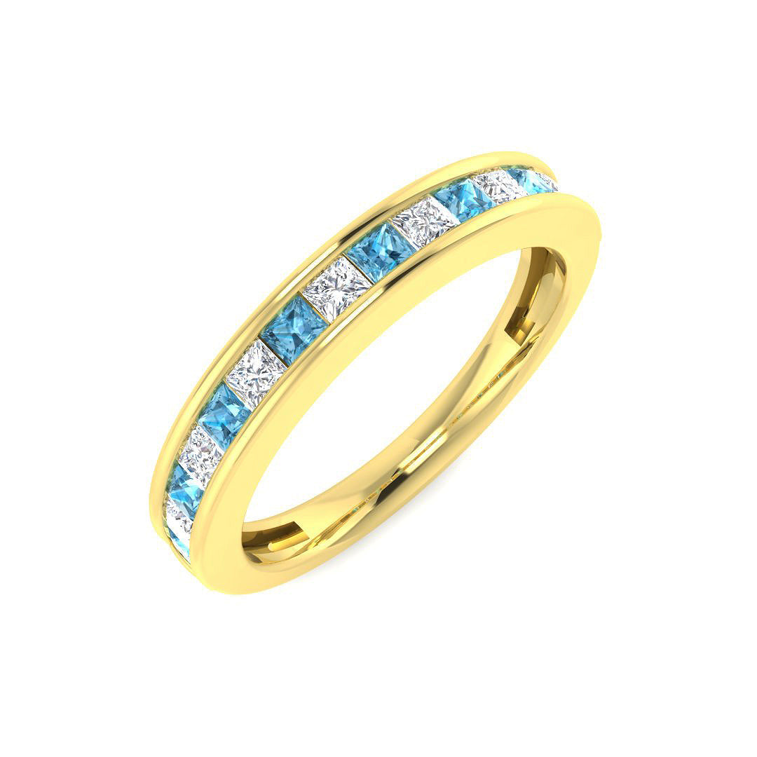 Square Cut Sky Blue Topaz Half Eternity Ring in 10K/14K gold and platinum with certified lab-grown or natural diamonds
