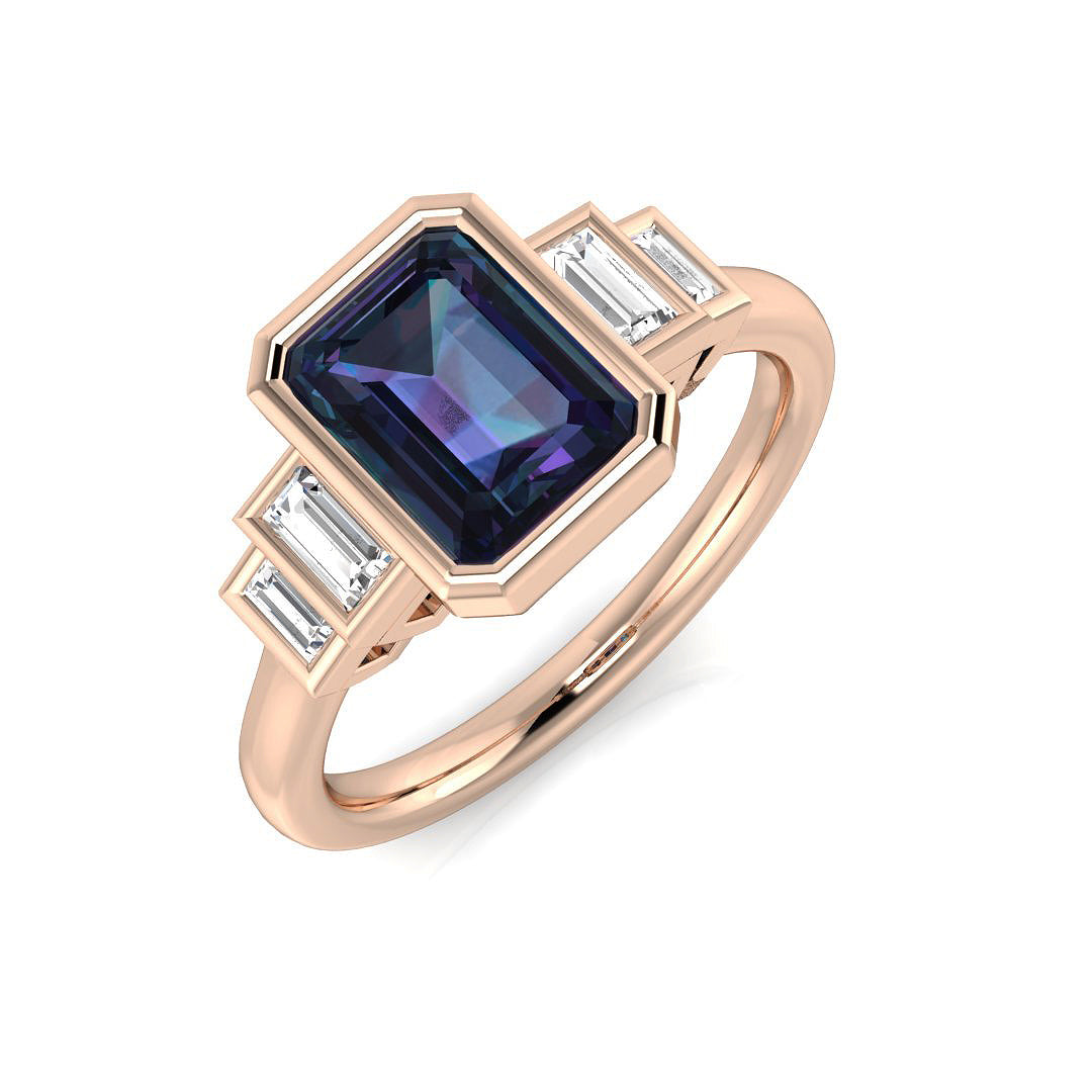 Emerald Cut Sapphire Five Stone Ring with Baguette Diamonds in 10K/14K gold and platinum with certified lab-grown or natural diamonds