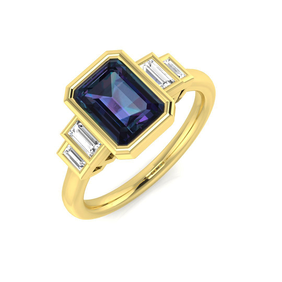 Emerald Cut Sapphire Five Stone Ring with Baguette Diamonds in 10K/14K gold and platinum with certified lab-grown or natural diamonds