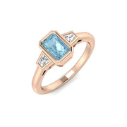 Emerald Cut Aquamarine Ring with Baguette Side Stones - UK Hallmarked in 10K/14K gold and platinum with certified lab-grown or natural diamonds