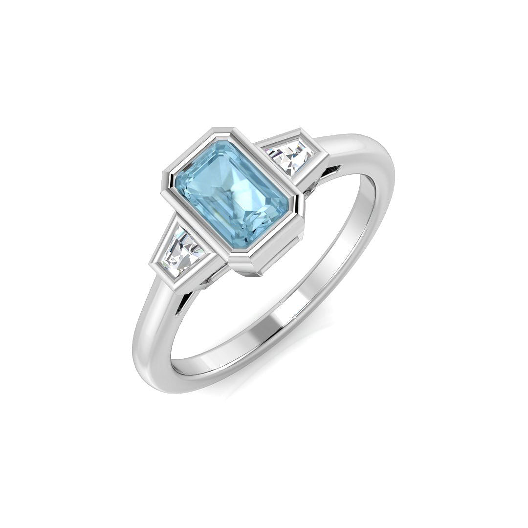 Emerald Cut Aquamarine Ring with Baguette Side Stones - UK Hallmarked in 10K/14K gold and platinum with certified lab-grown or natural diamonds