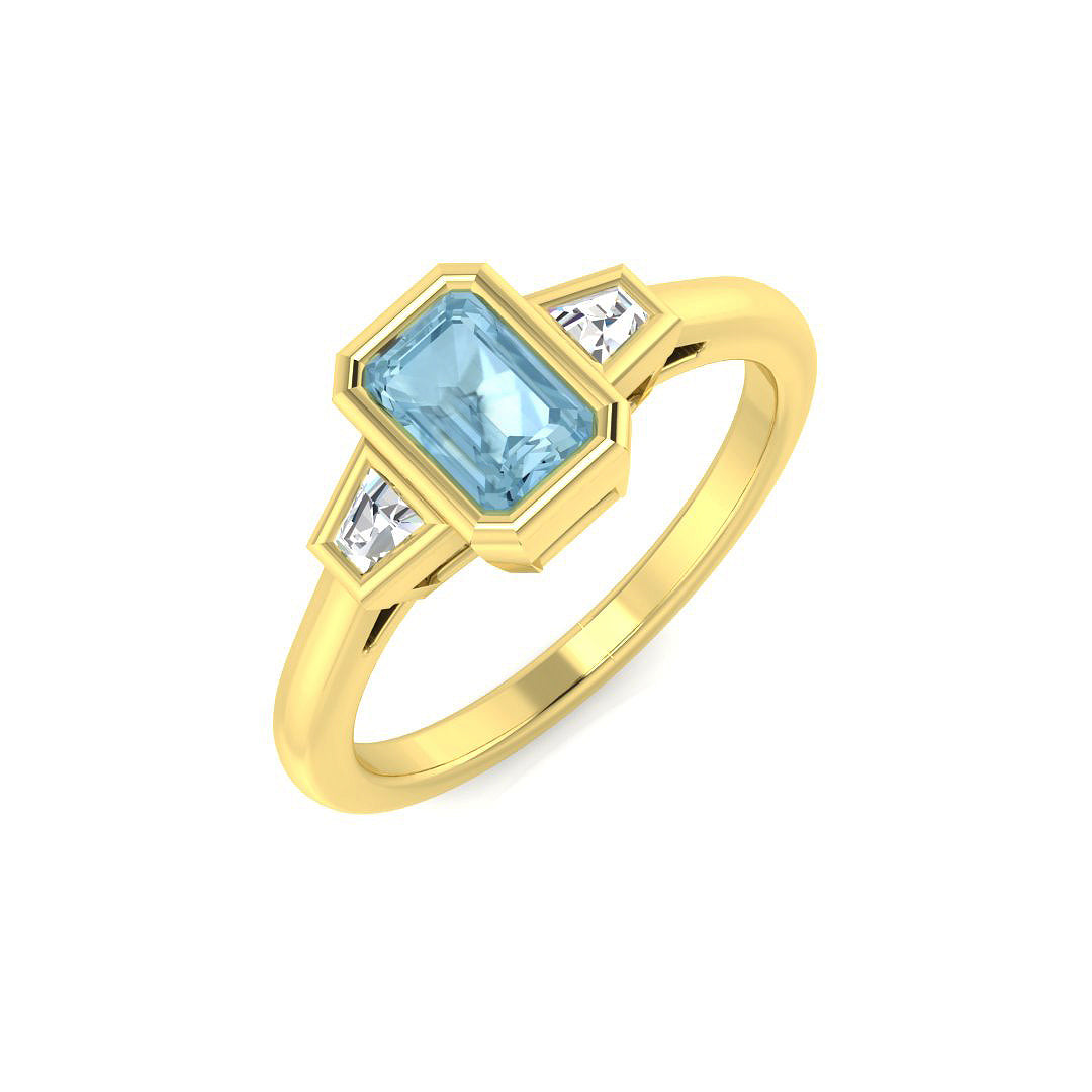 Emerald Cut Aquamarine Ring with Baguette Side Stones - UK Hallmarked in 10K/14K gold and platinum with certified lab-grown or natural diamonds
