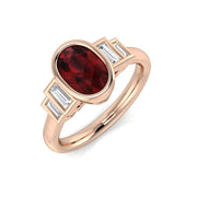 Oval Cut Ruby Ring with Baguette Diamond Side Stones in 10K/14K gold and platinum with certified lab-grown or natural diamonds