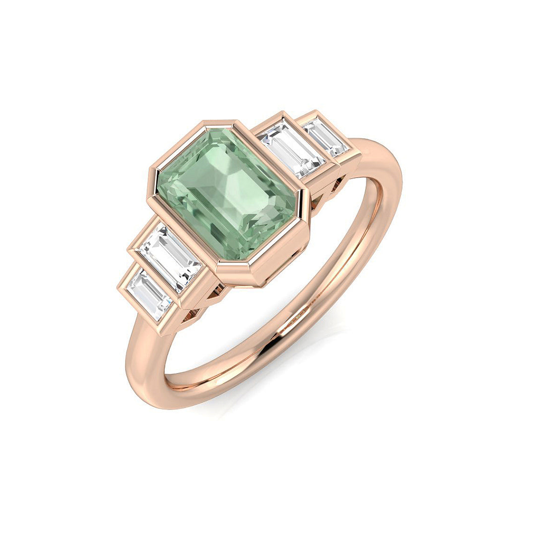 Green Amethyst Ring 5 Stone Bezel Set with Diamonds in 10K/14K gold and platinum with certified lab-grown or natural diamonds