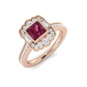 Pink Tourmaline Ring Square Cut with Baguette & Round Diamonds in 10K/14K gold and platinum with certified lab-grown or natural diamonds