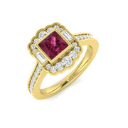 Pink Tourmaline Ring Square Cut with Baguette & Round Diamonds in 10K/14K gold and platinum with certified lab-grown or natural diamonds